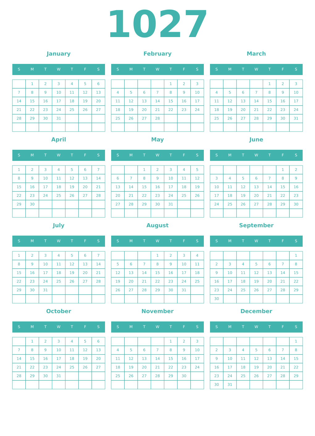 Printable 1027 Year Calendars verdigris