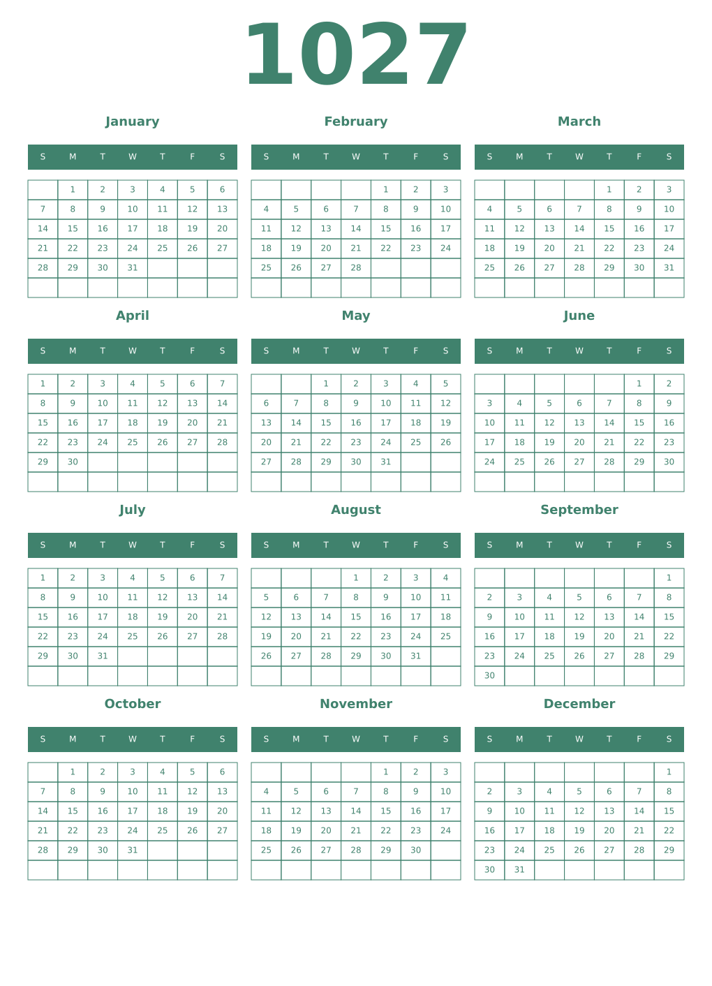 Printable 1027 Year Calendars viridian
