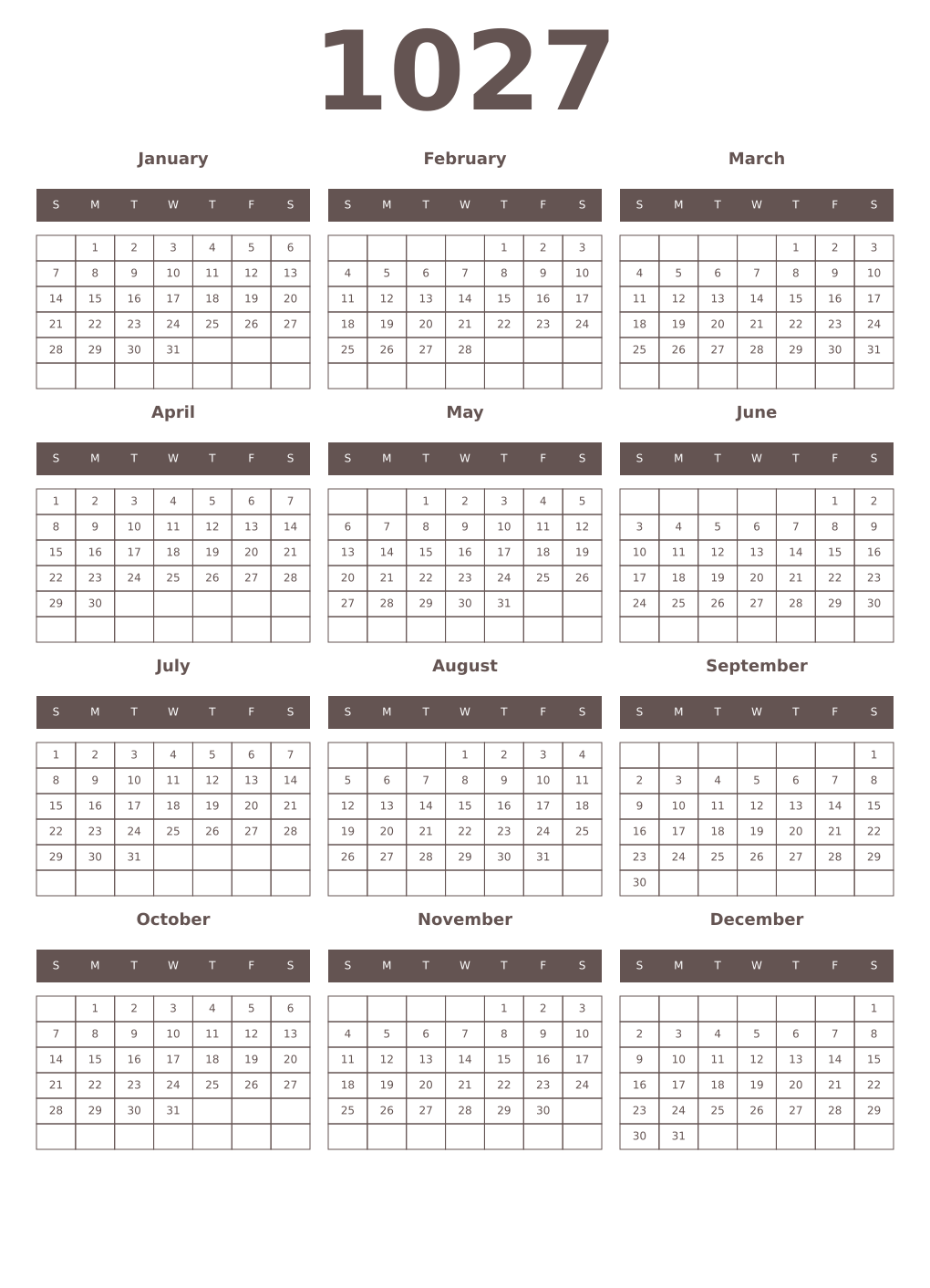 Printable 1027 Year Calendars wenge
