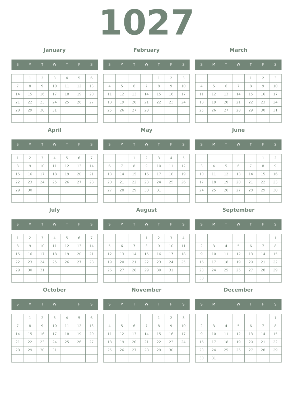 Printable 1027 Year Calendars xanadu
