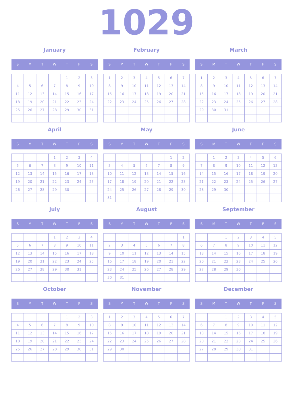 Printable 1029 Year Calendars periwinkle