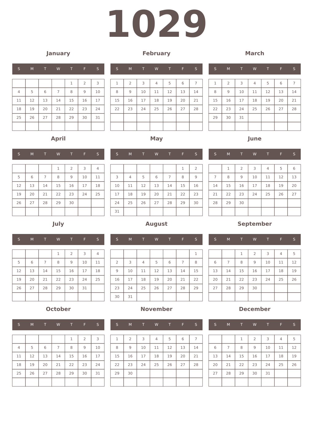 Printable 1029 Year Calendars wenge