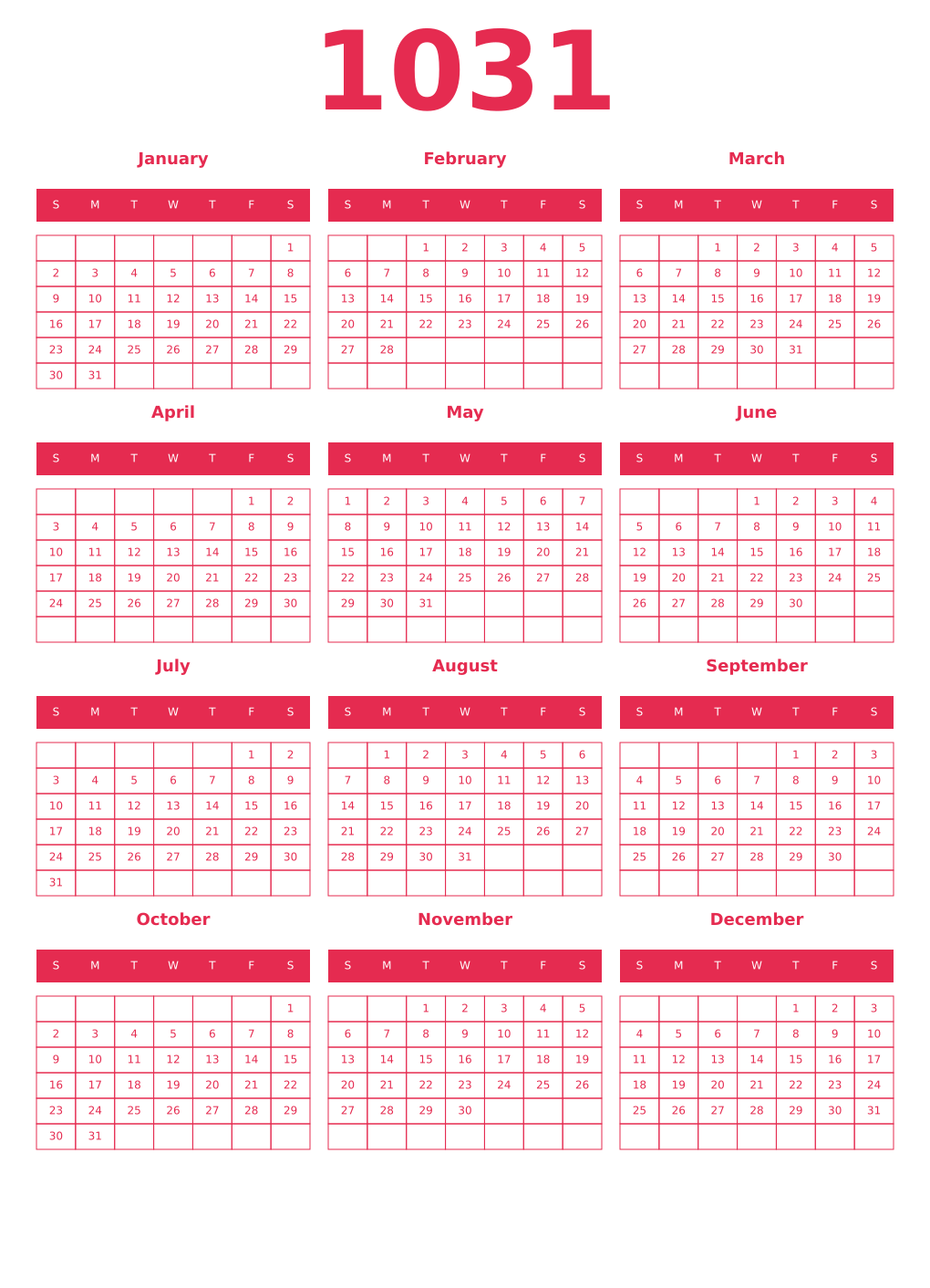 Printable 1031 Year Calendars amaranth