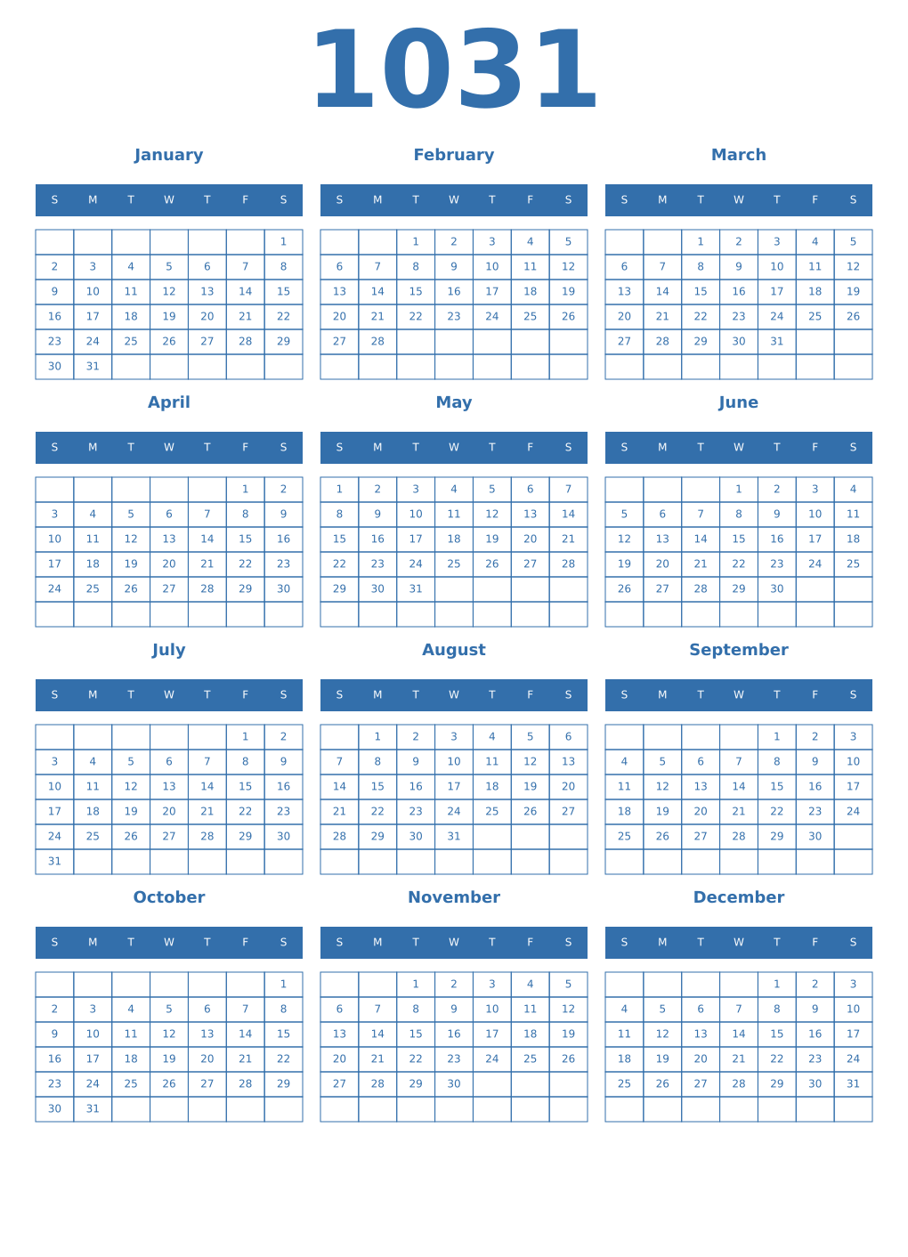 Printable 1031 Year Calendars blue