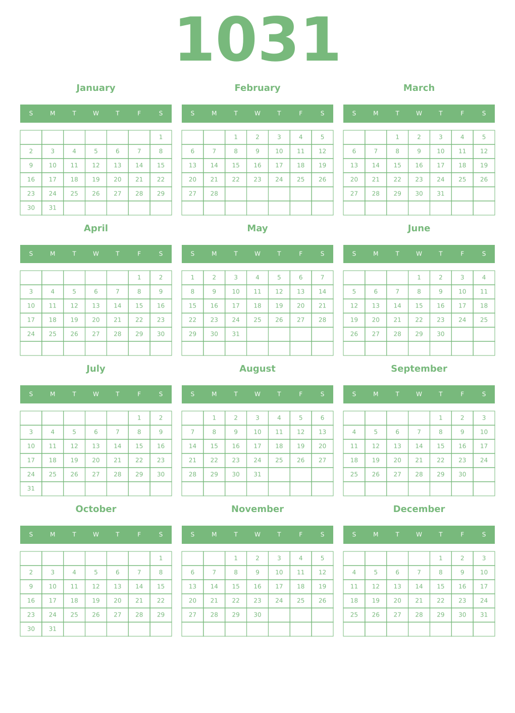 Printable 1031 Year Calendars celadon
