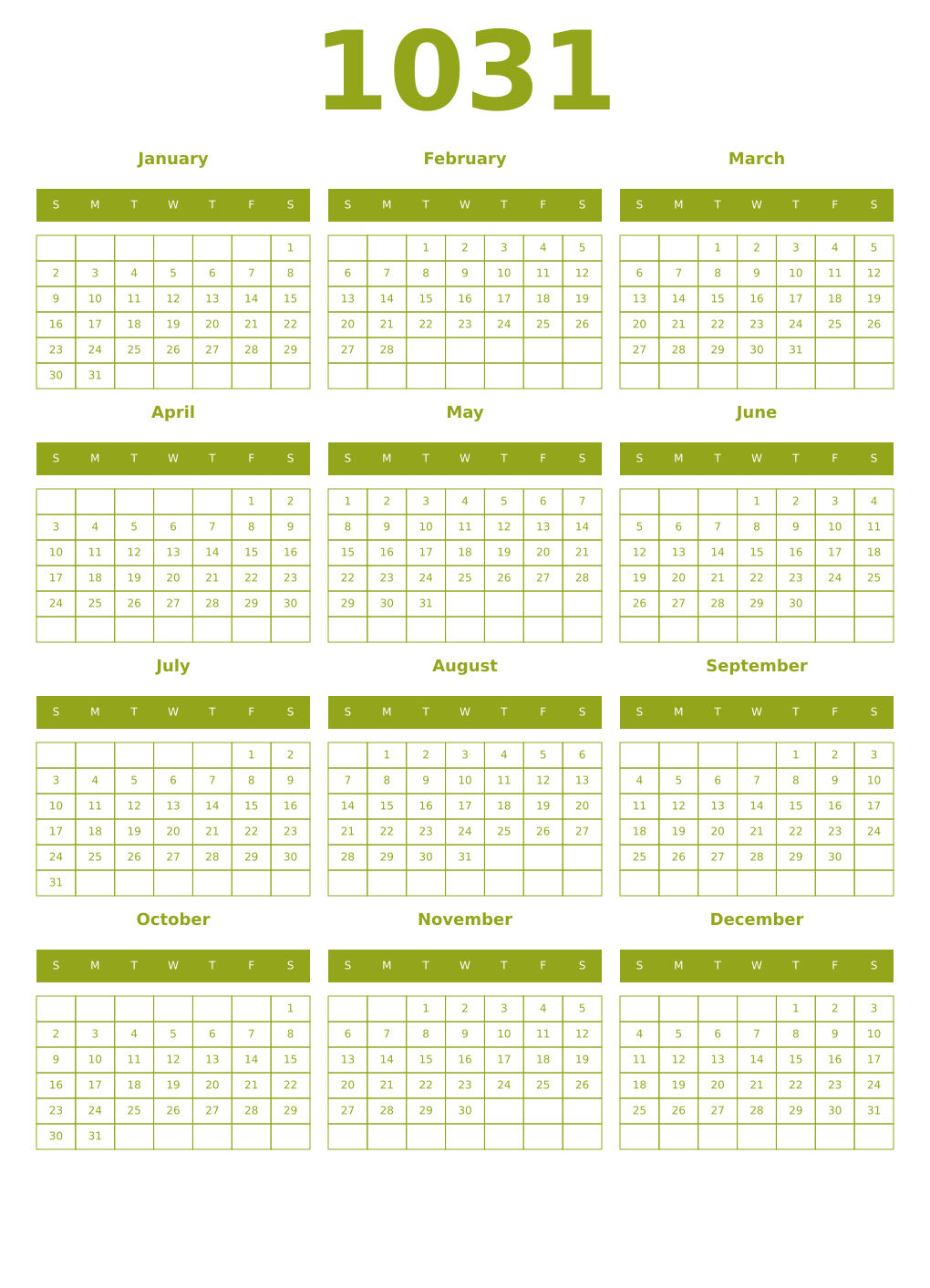 Printable 1031 Year Calendars chartreuse