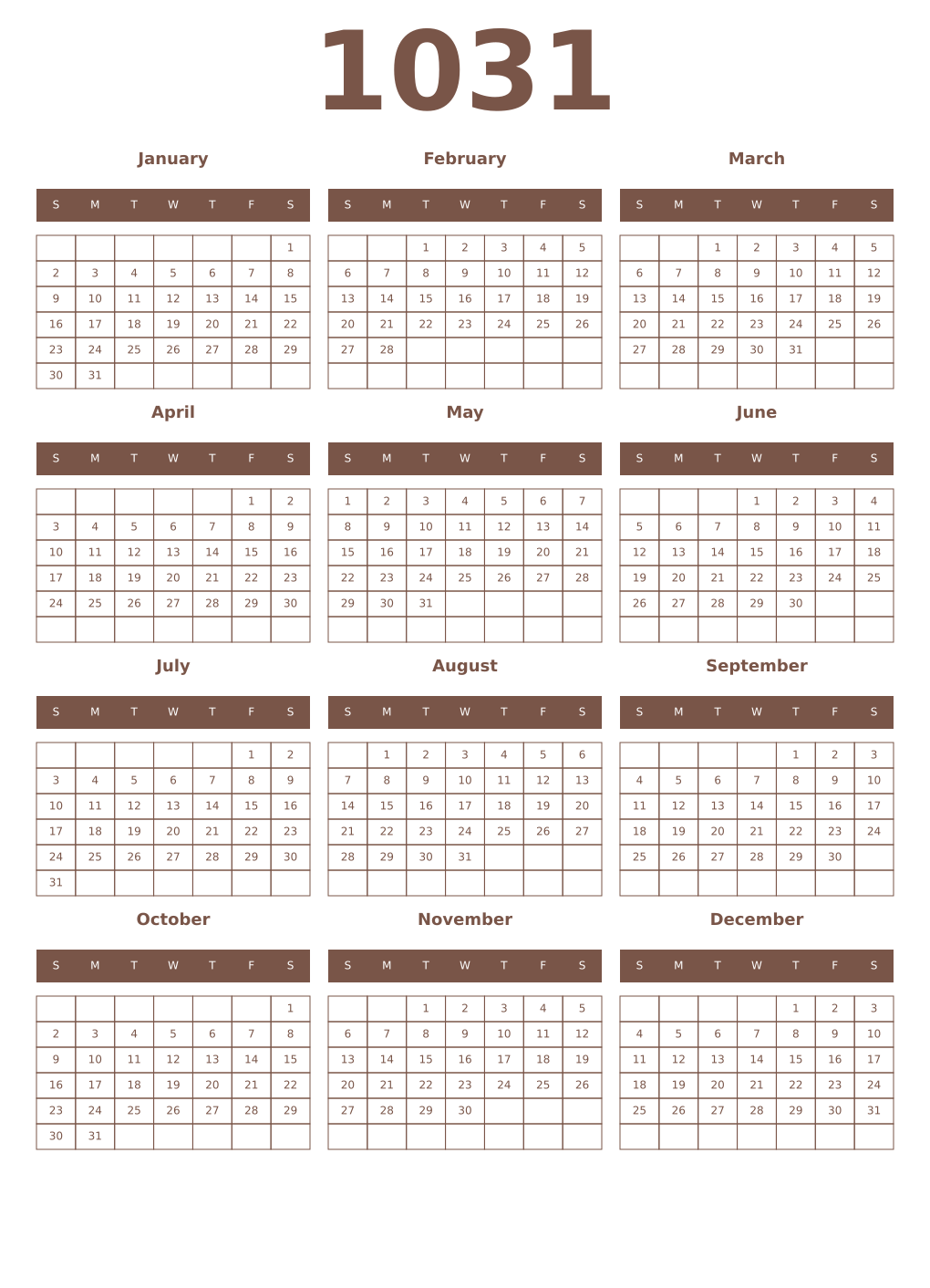 Printable 1031 Year Calendars coffe