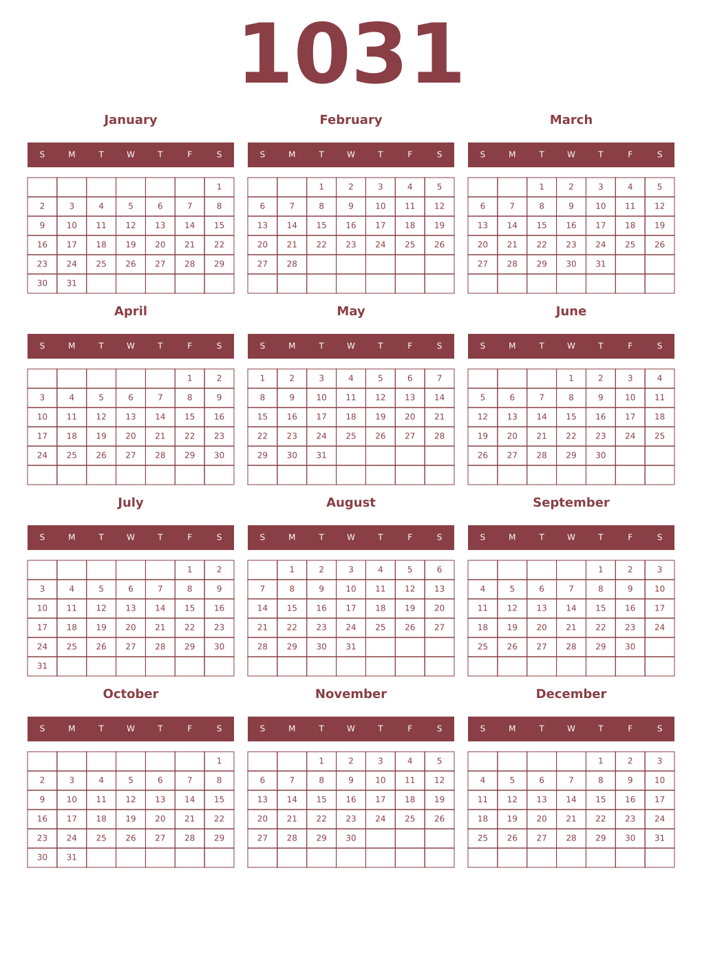 Printable 1031 Year Calendars cordovan