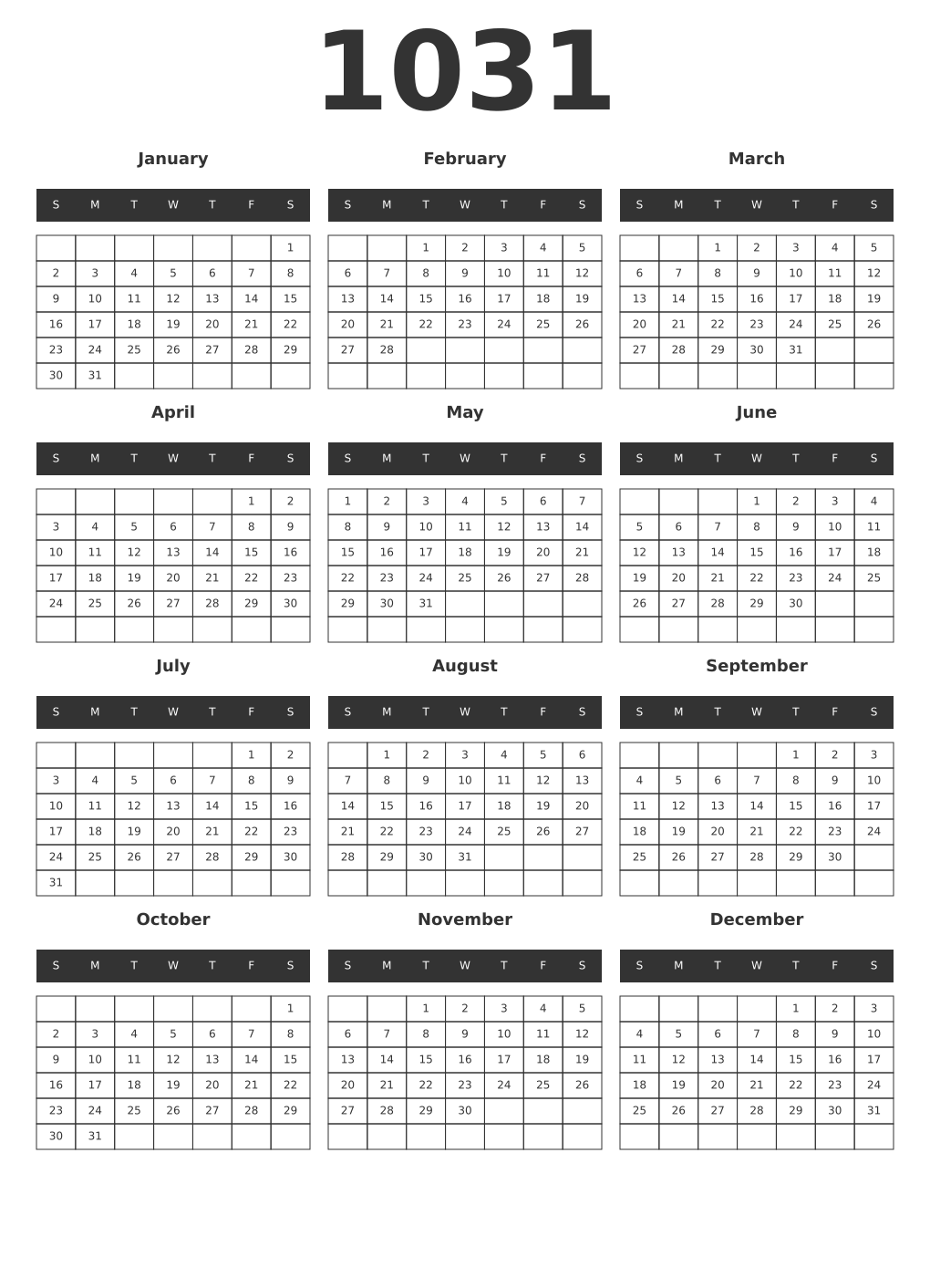 Printable 1031 Year Calendars dark