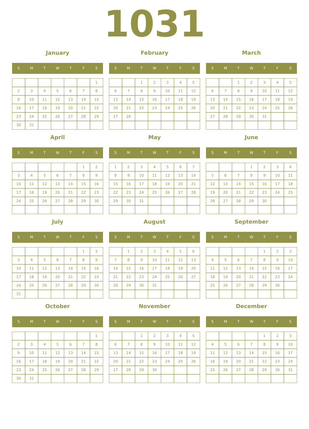 Printable 1031 Year Calendars eburnean