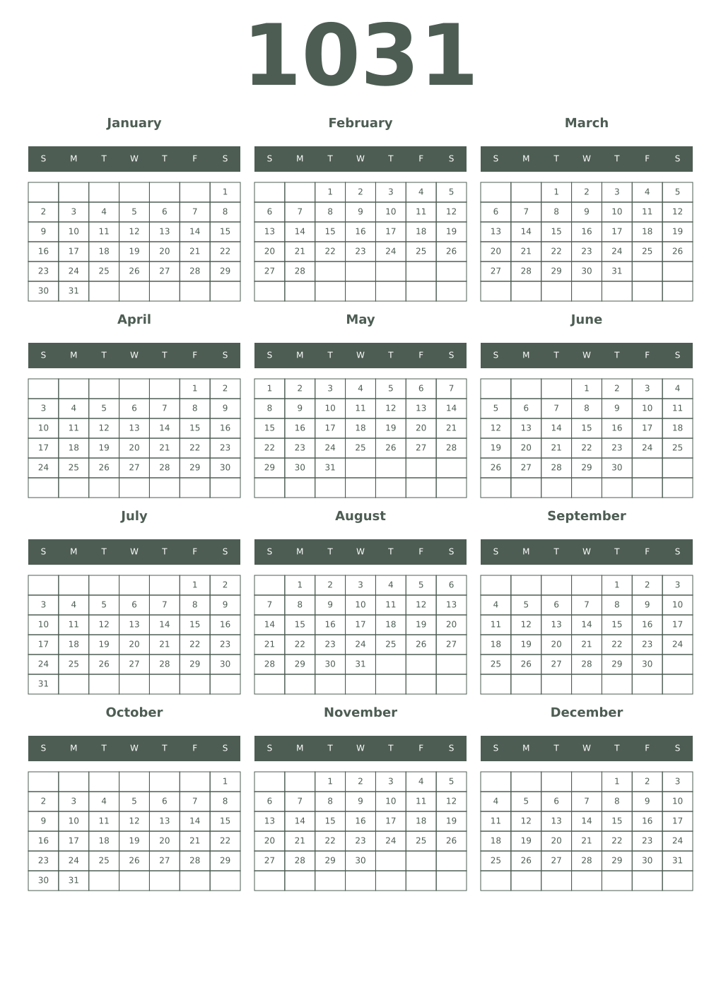 Printable 1031 Year Calendars feldgrau