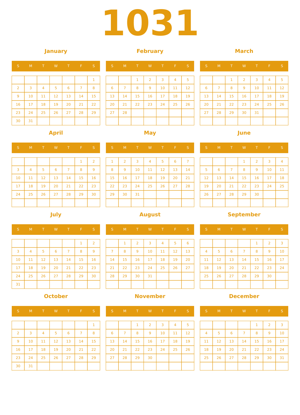 Printable 1031 Year Calendars gamboge