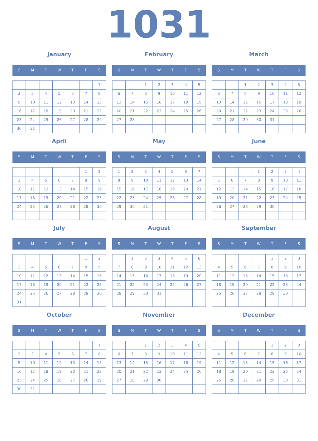 Printable 1031 Year Calendars glaucous