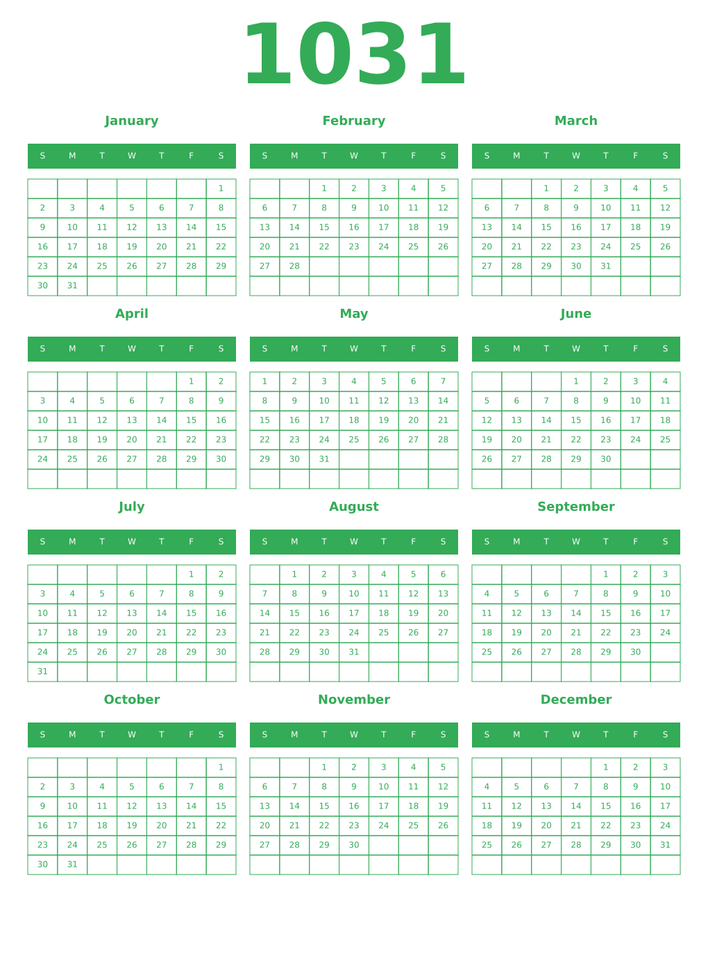 Printable 1031 Year Calendars green