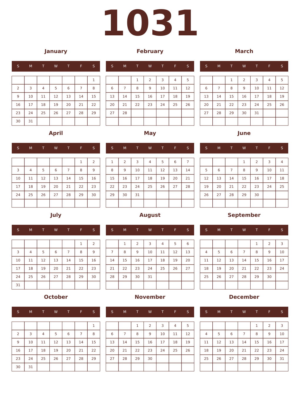 Printable 1031 Year Calendars mortuum