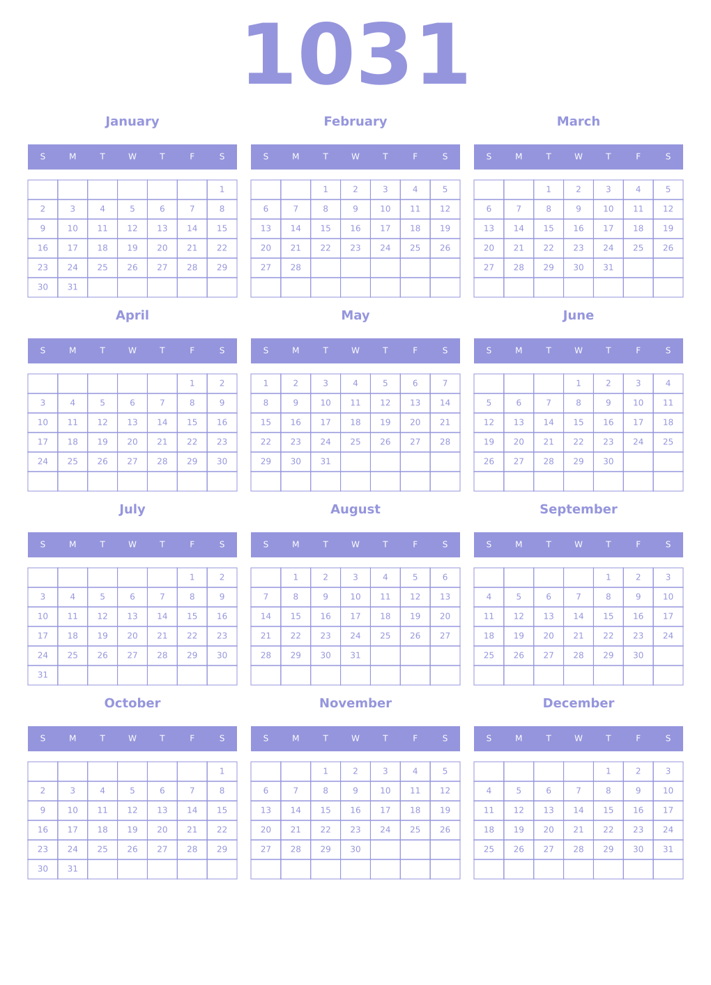 Printable 1031 Year Calendars periwinkle