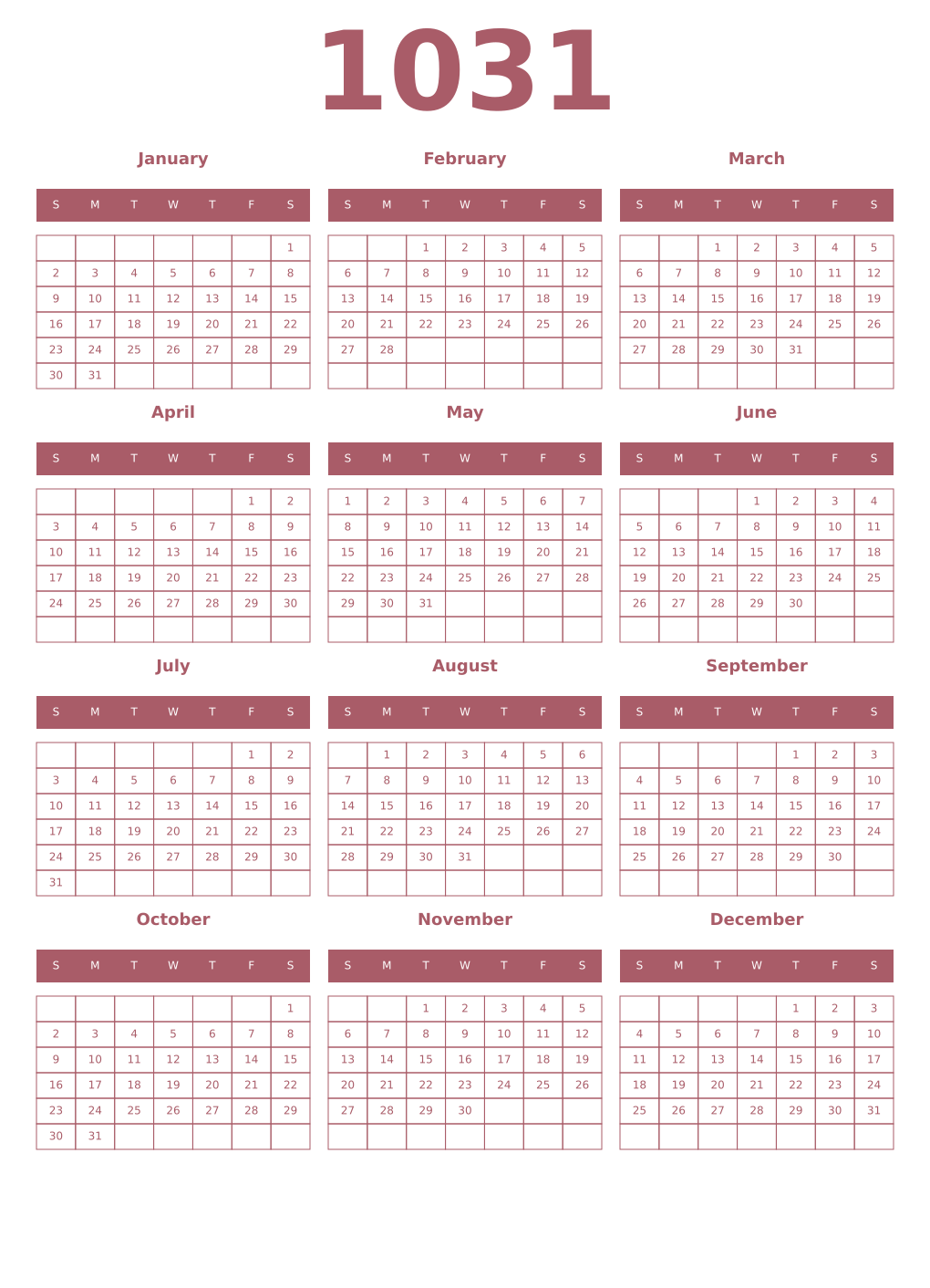 Printable 1031 Year Calendars puce