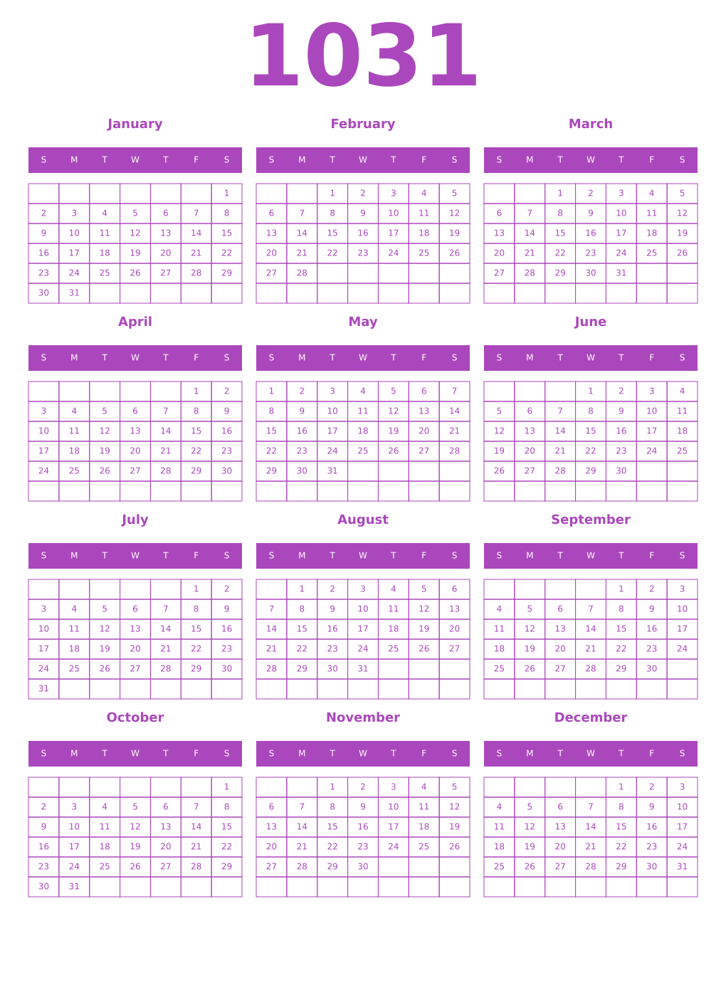 Printable 1031 Year Calendars purple