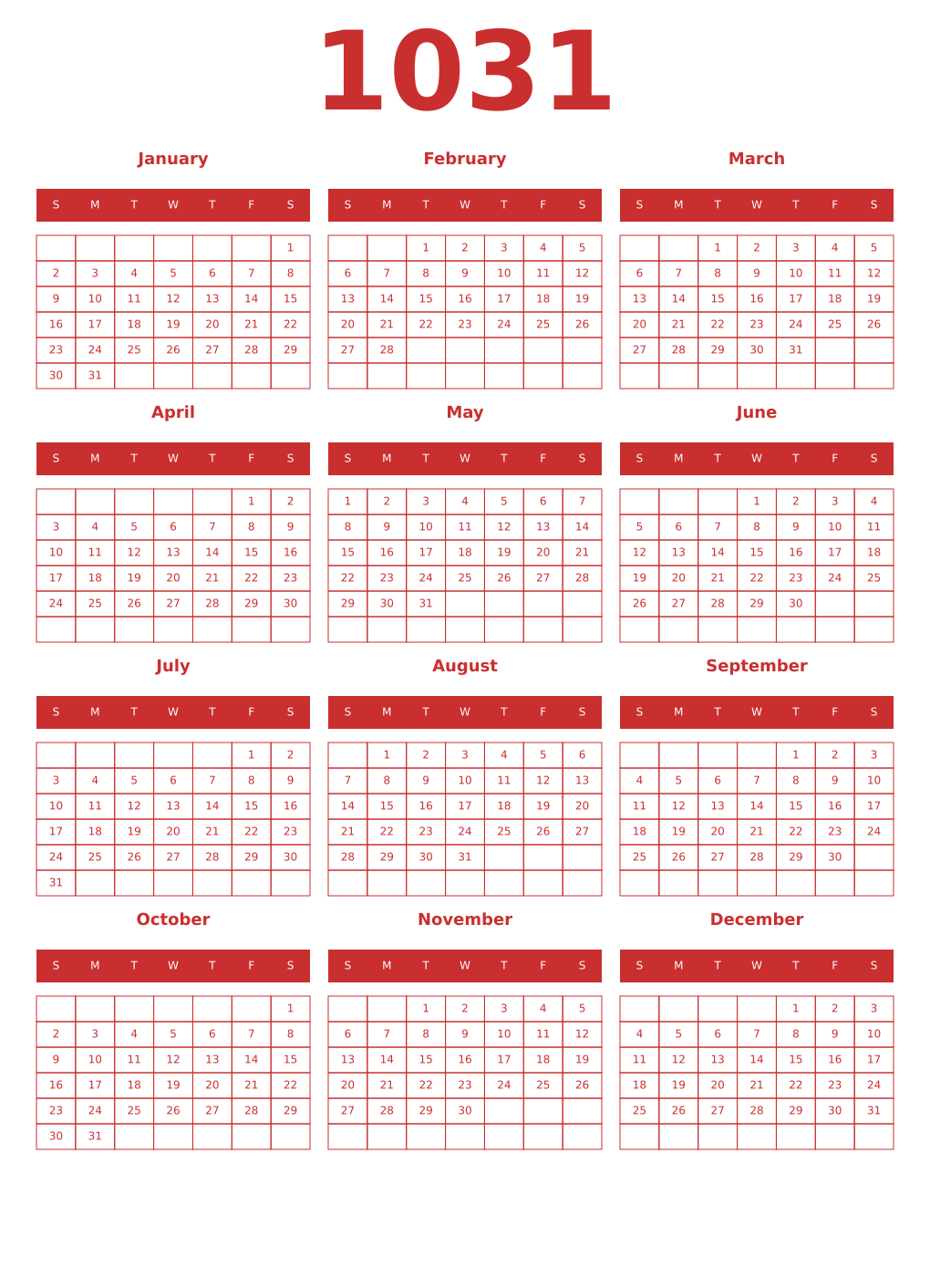 Printable 1031 Year Calendars red