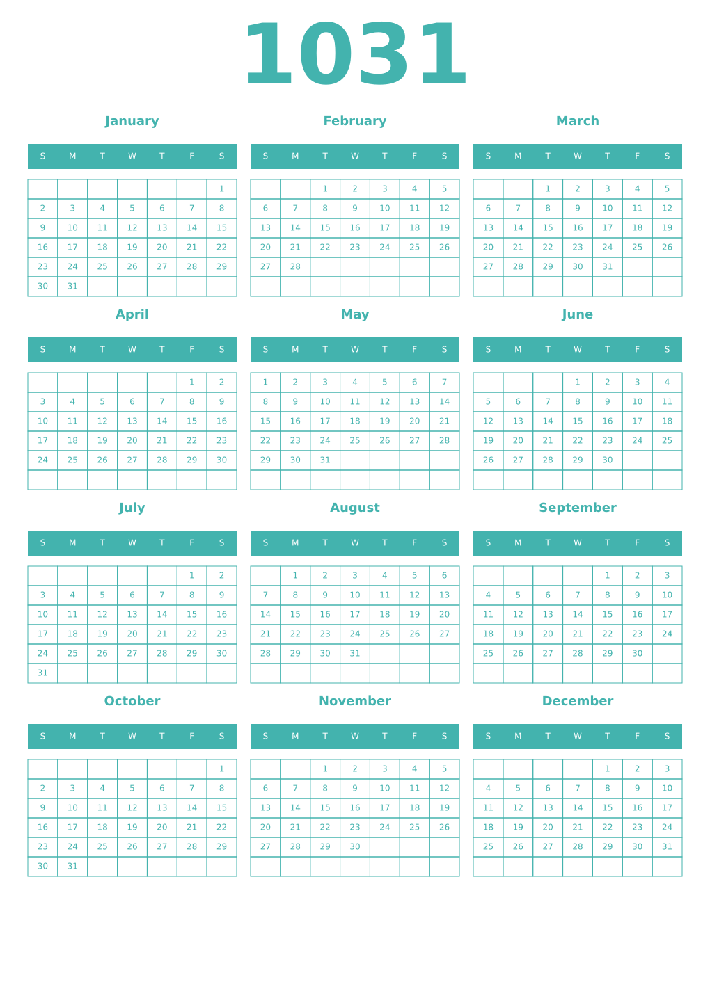 Printable 1031 Year Calendars verdigris