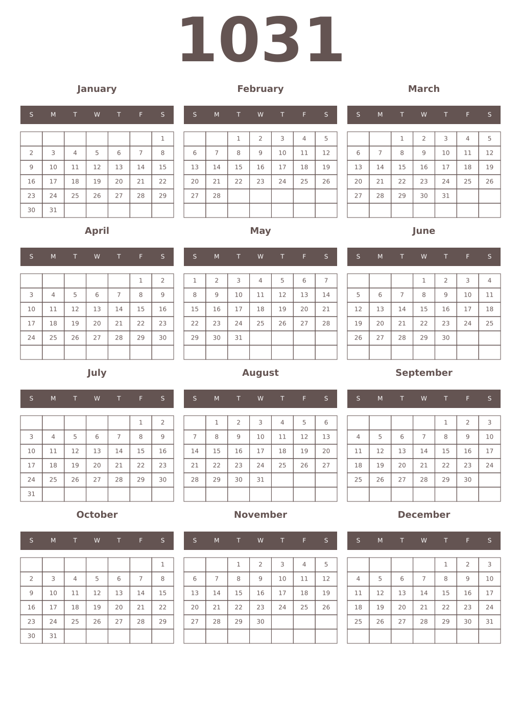 Printable 1031 Year Calendars wenge