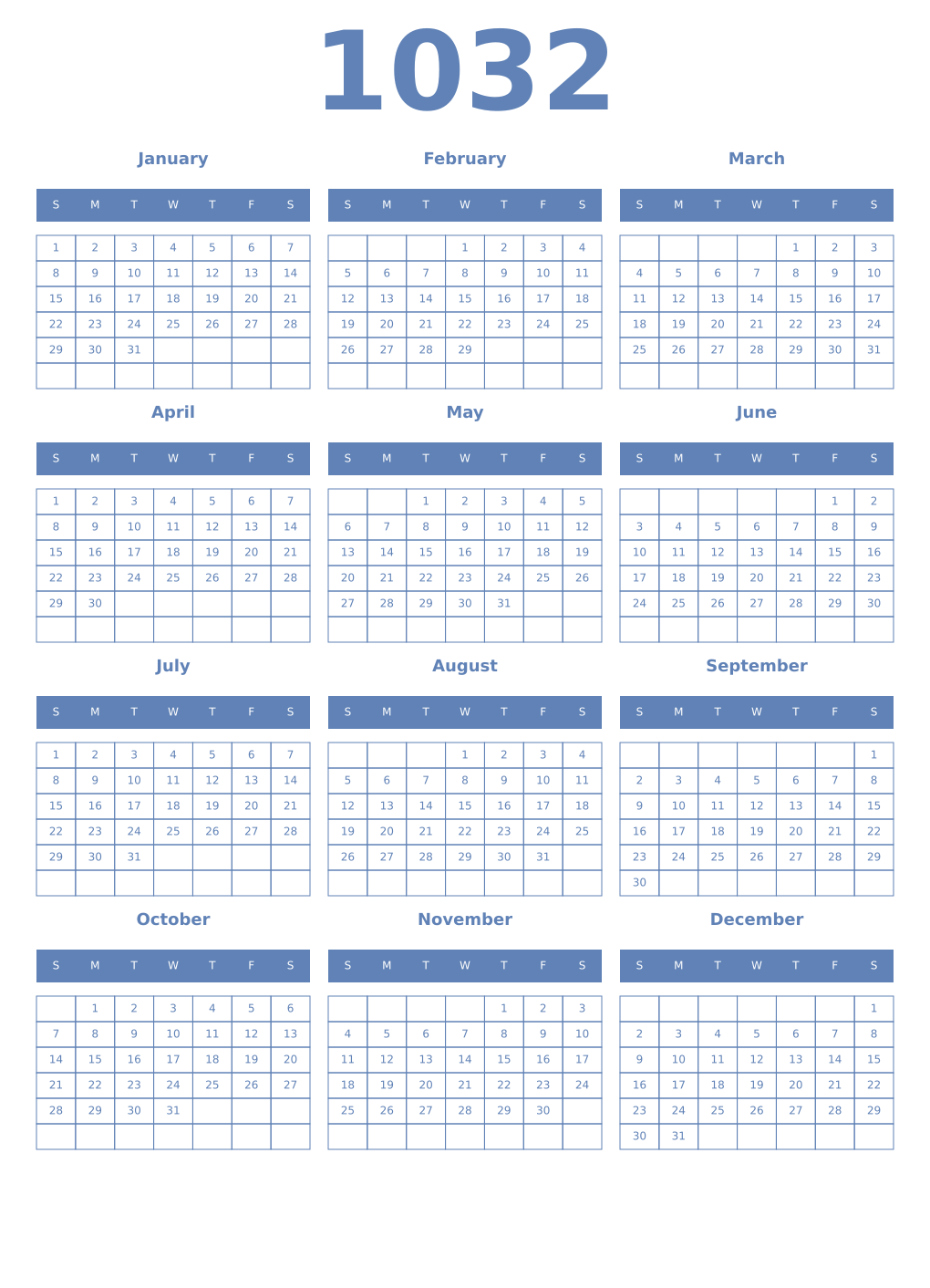 Printable 1032 Year Calendars glaucous