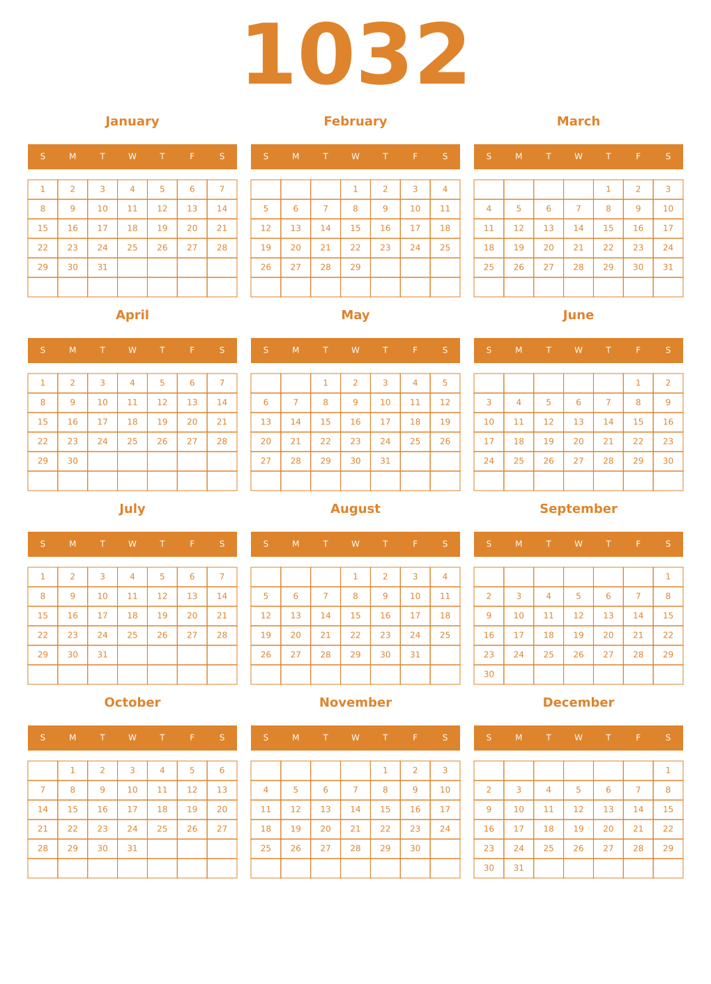Printable 1032 Year Calendars orange