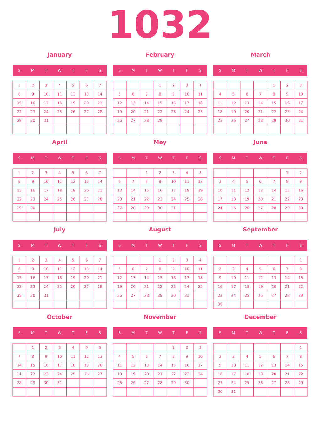 Printable 1032 Year Calendars pink