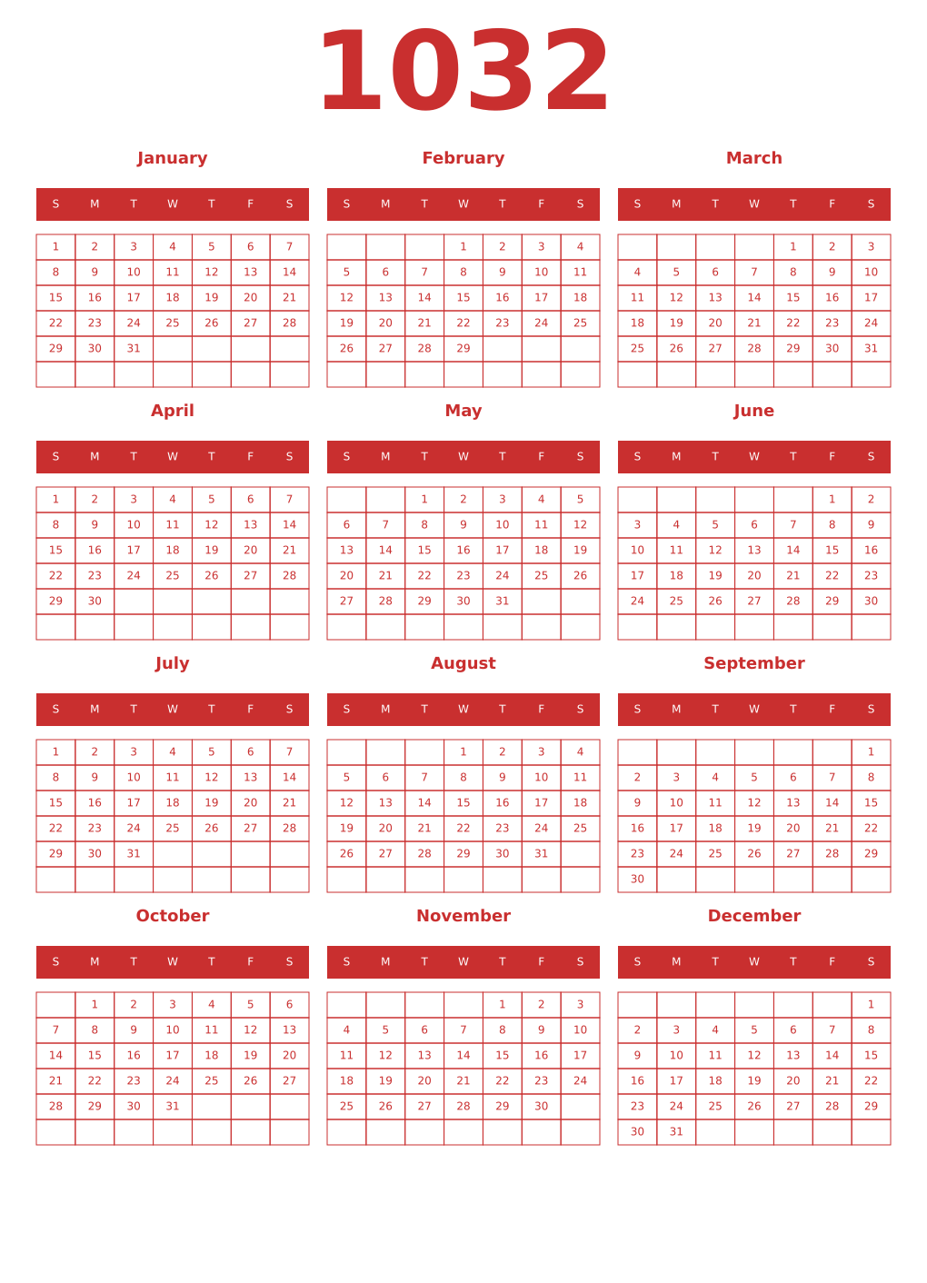 Printable 1032 Year Calendars red