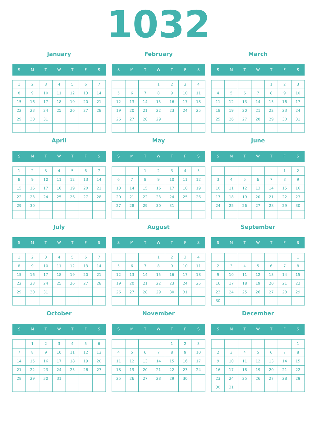 Printable 1032 Year Calendars verdigris