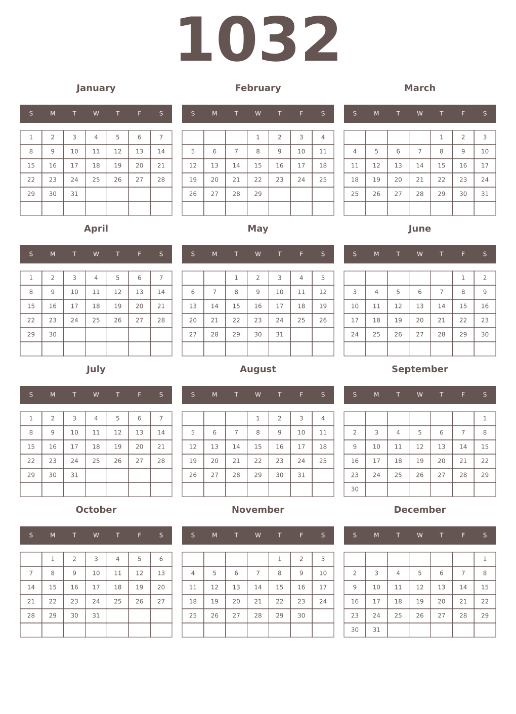 Printable 1032 Year Calendars wenge