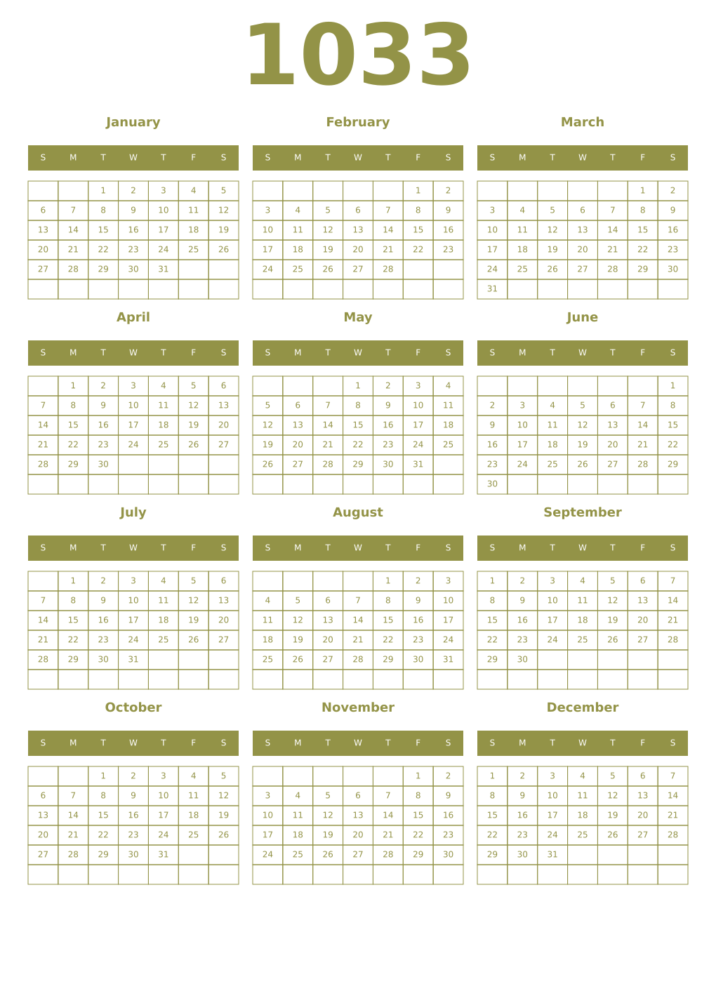 Printable 1033 Year Calendars eburnean