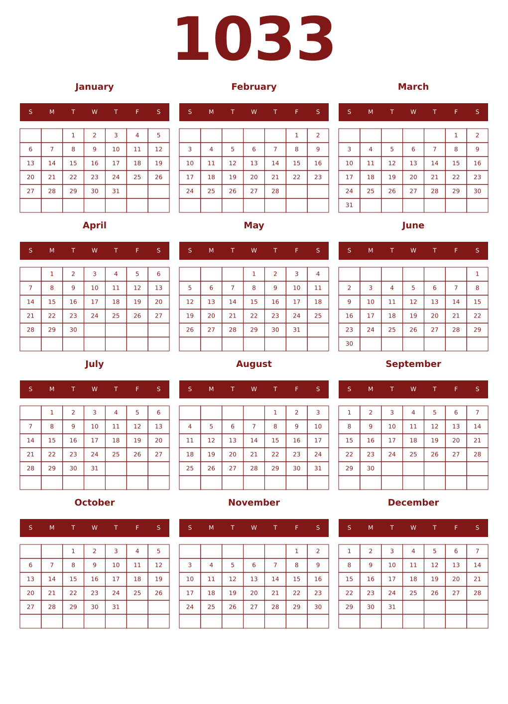 Printable 1033 Year Calendars falu