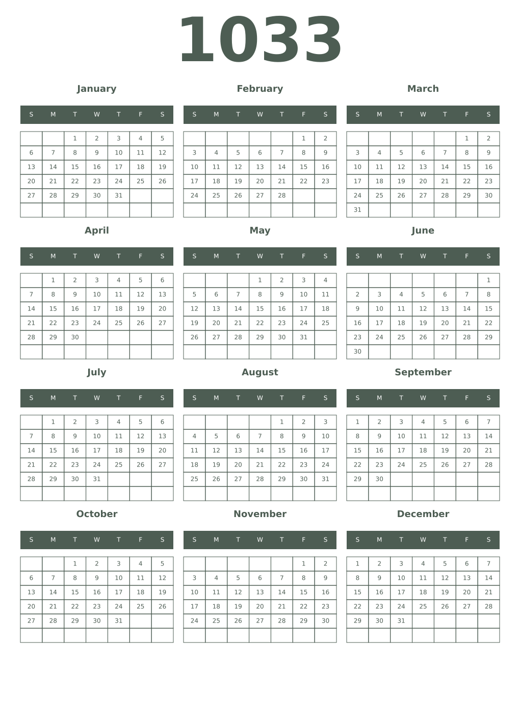 Printable 1033 Year Calendars feldgrau