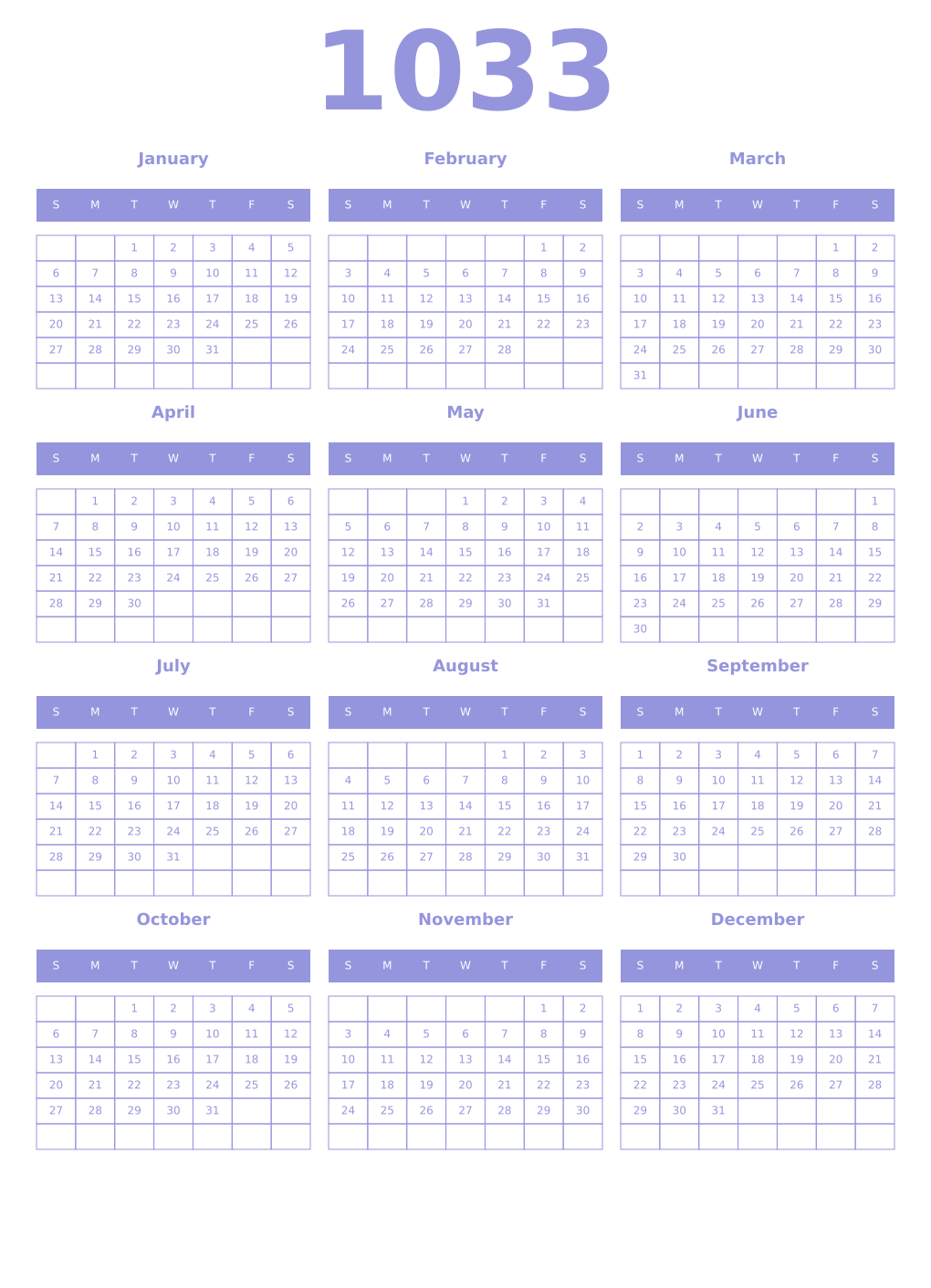Printable 1033 Year Calendars periwinkle