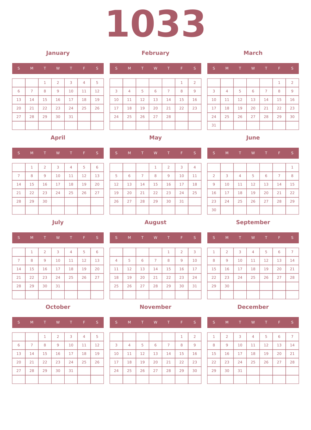 Printable 1033 Year Calendars puce