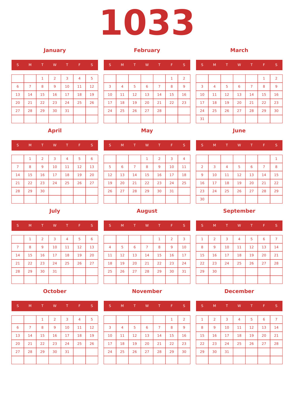 Printable 1033 Year Calendars red