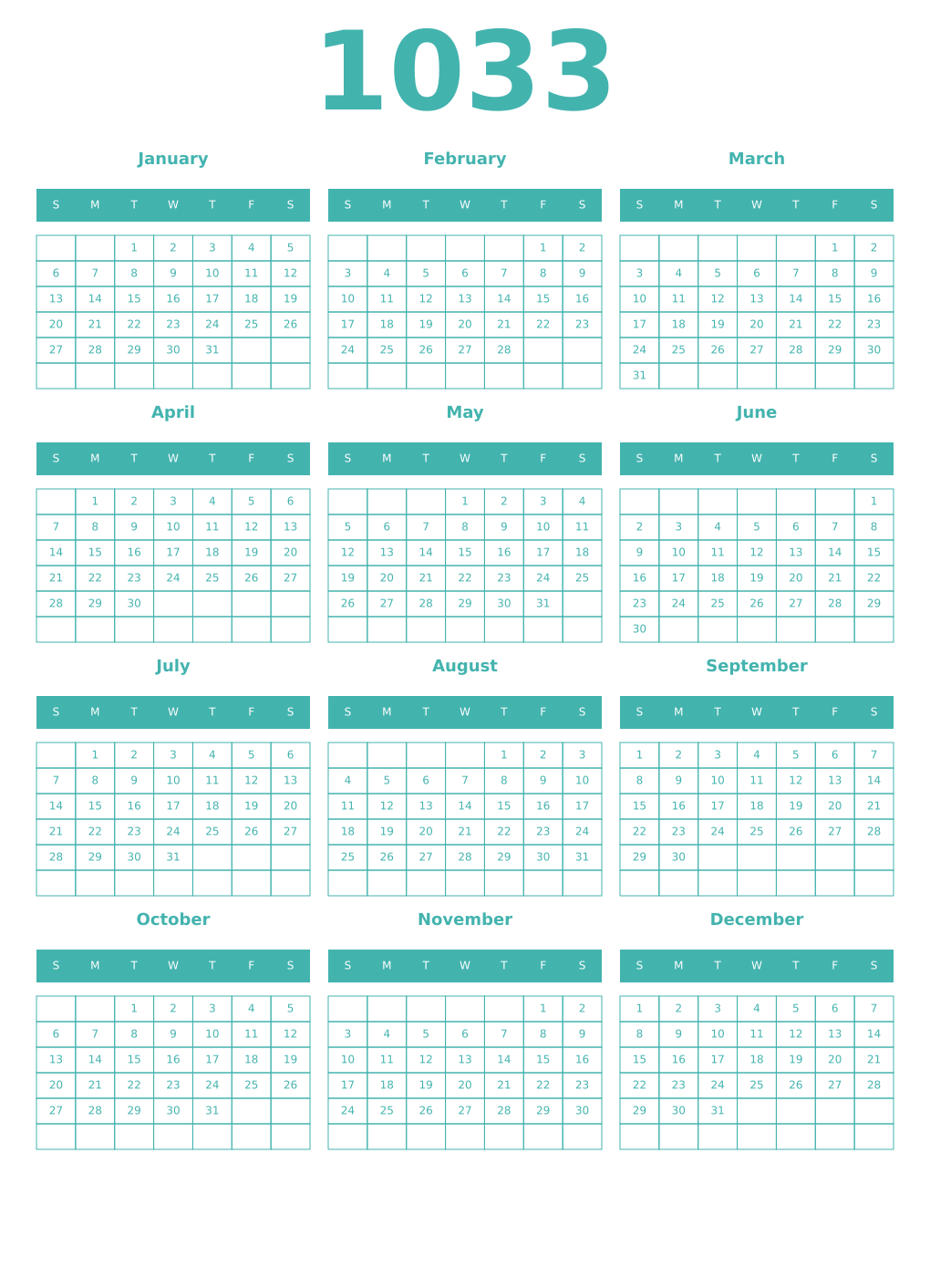 Printable 1033 Year Calendars verdigris