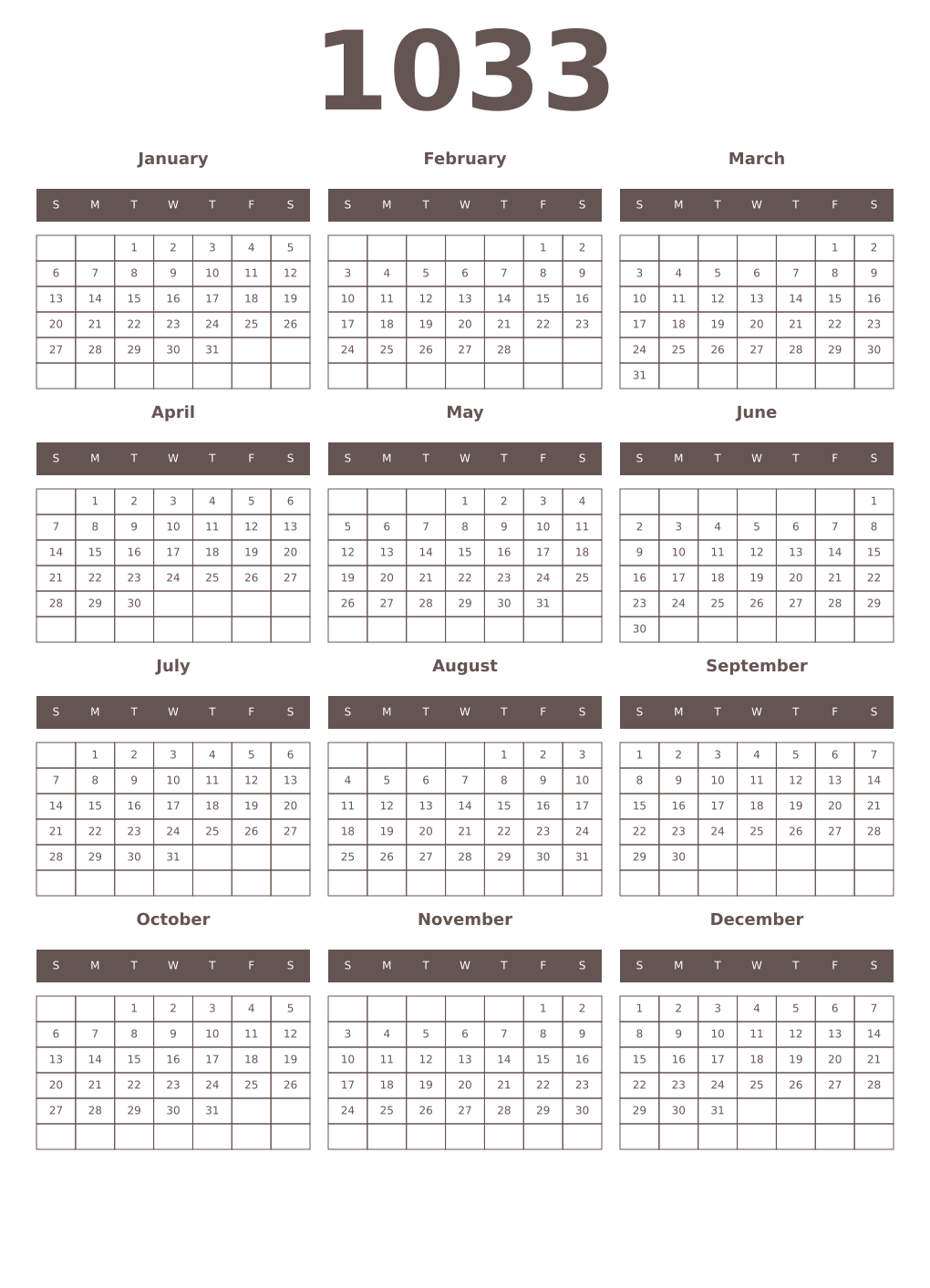 Printable 1033 Year Calendars wenge