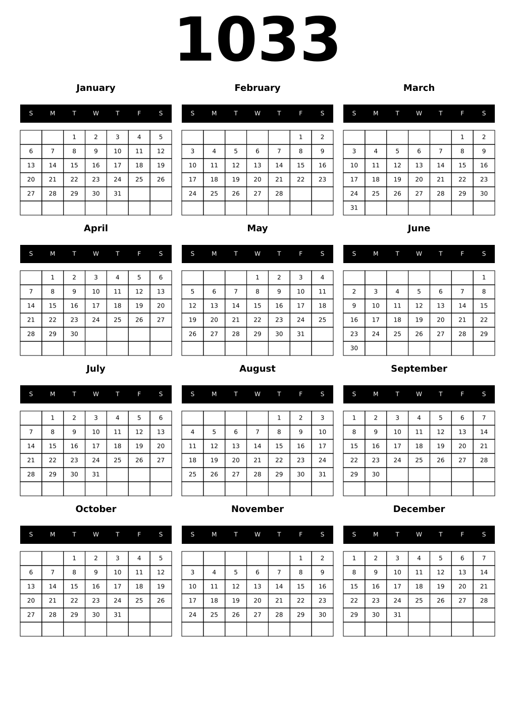 Printable 1033 Calendars