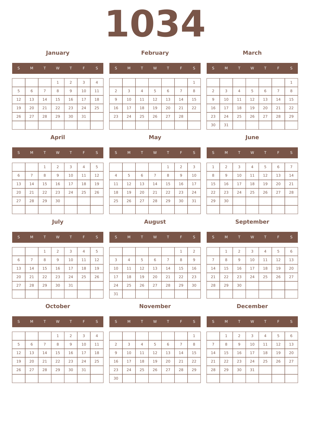 Printable 1034 Year Calendars coffe