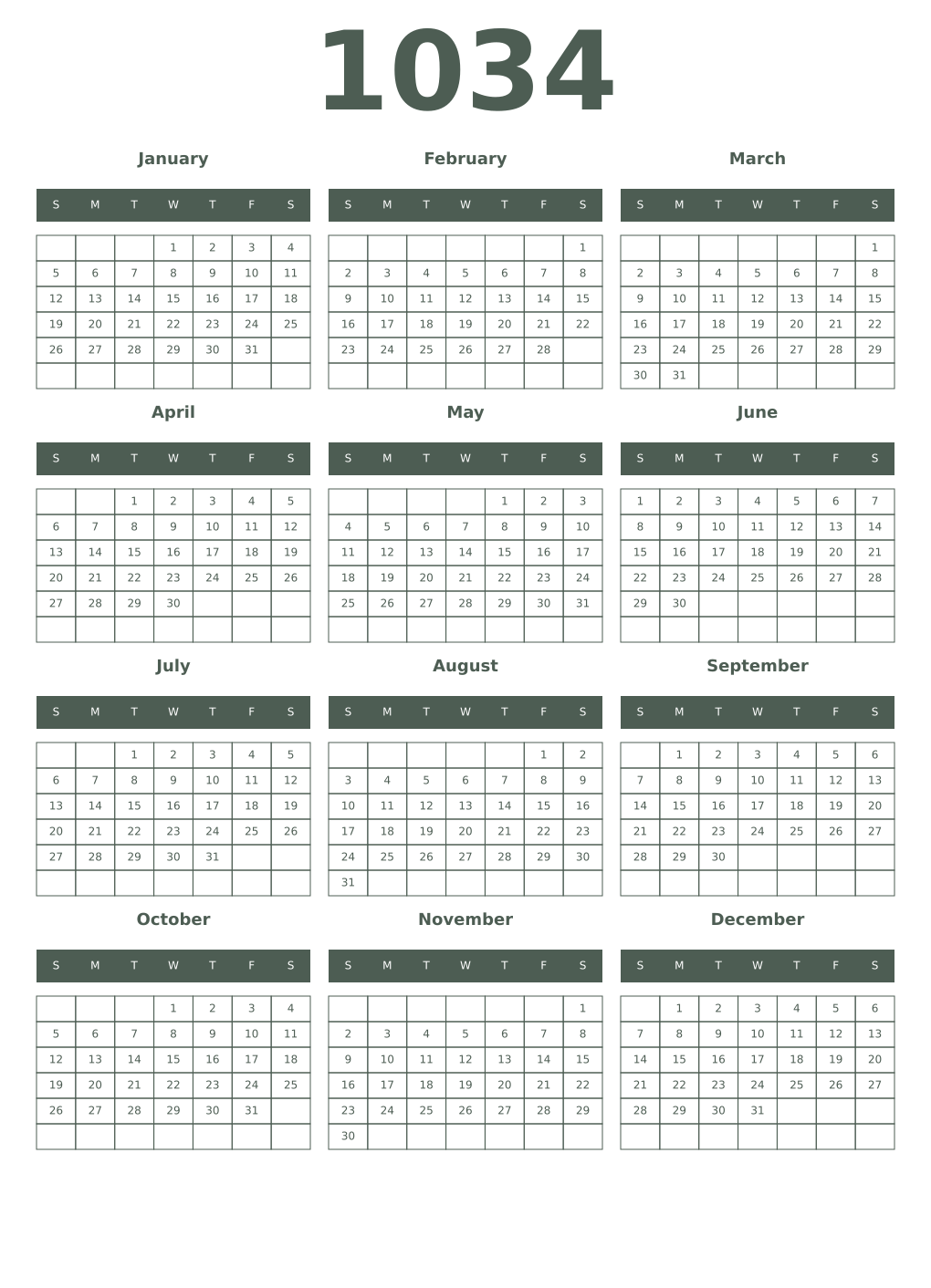 Printable 1034 Year Calendars feldgrau