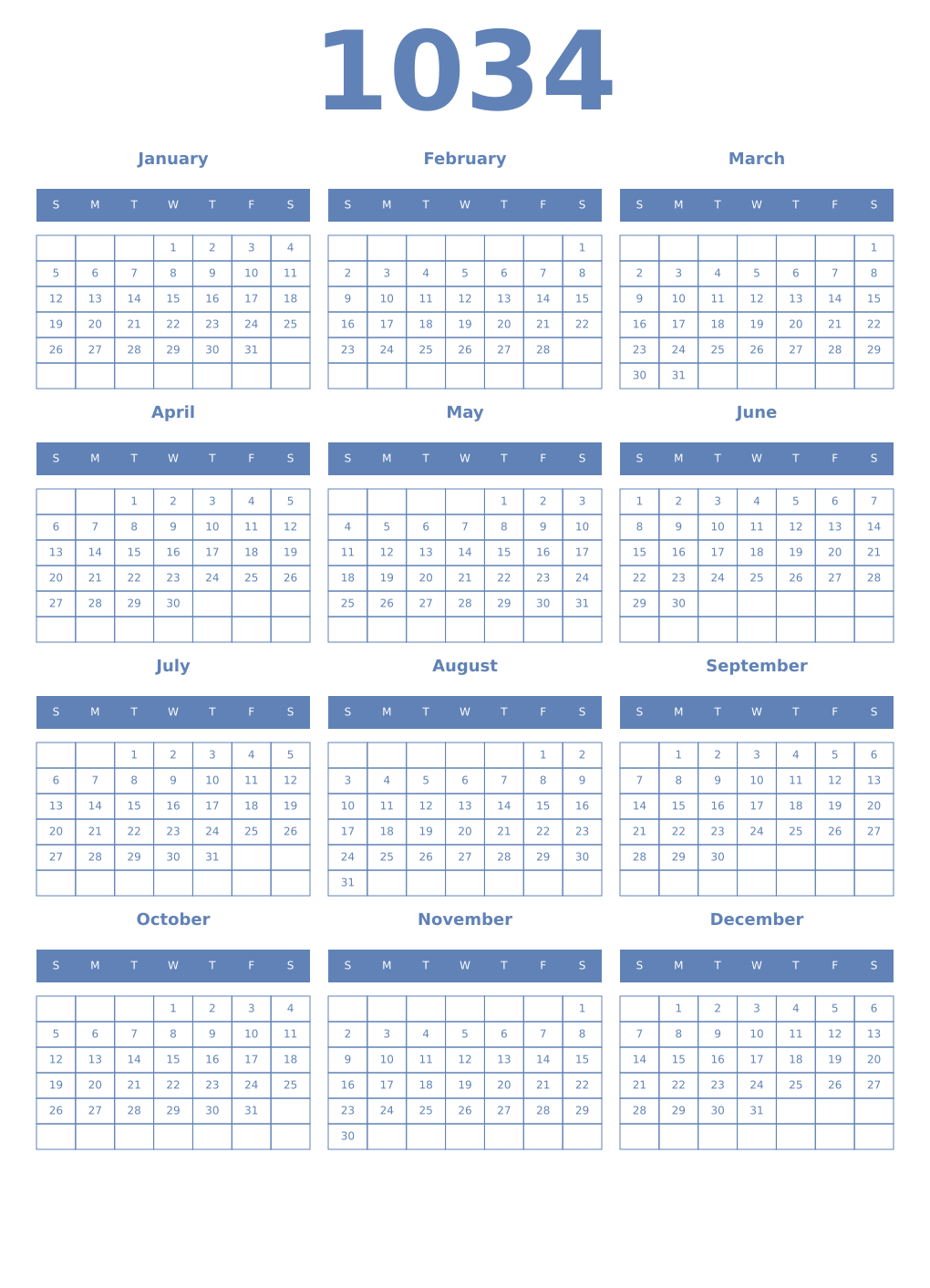 Printable 1034 Year Calendars glaucous