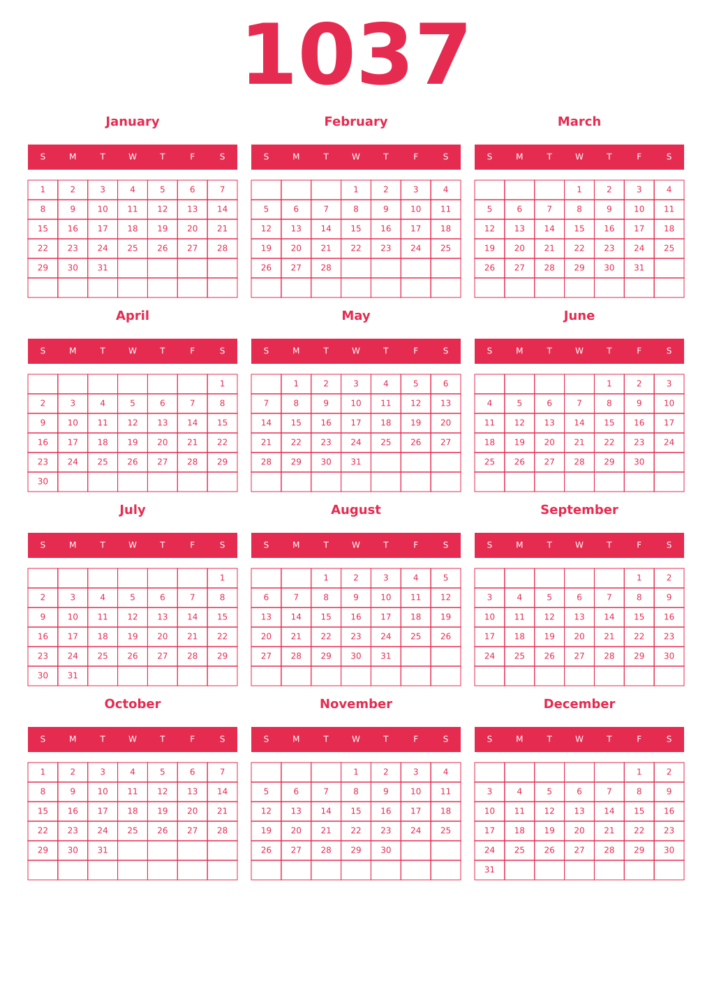 Printable 1037 Year Calendars amaranth
