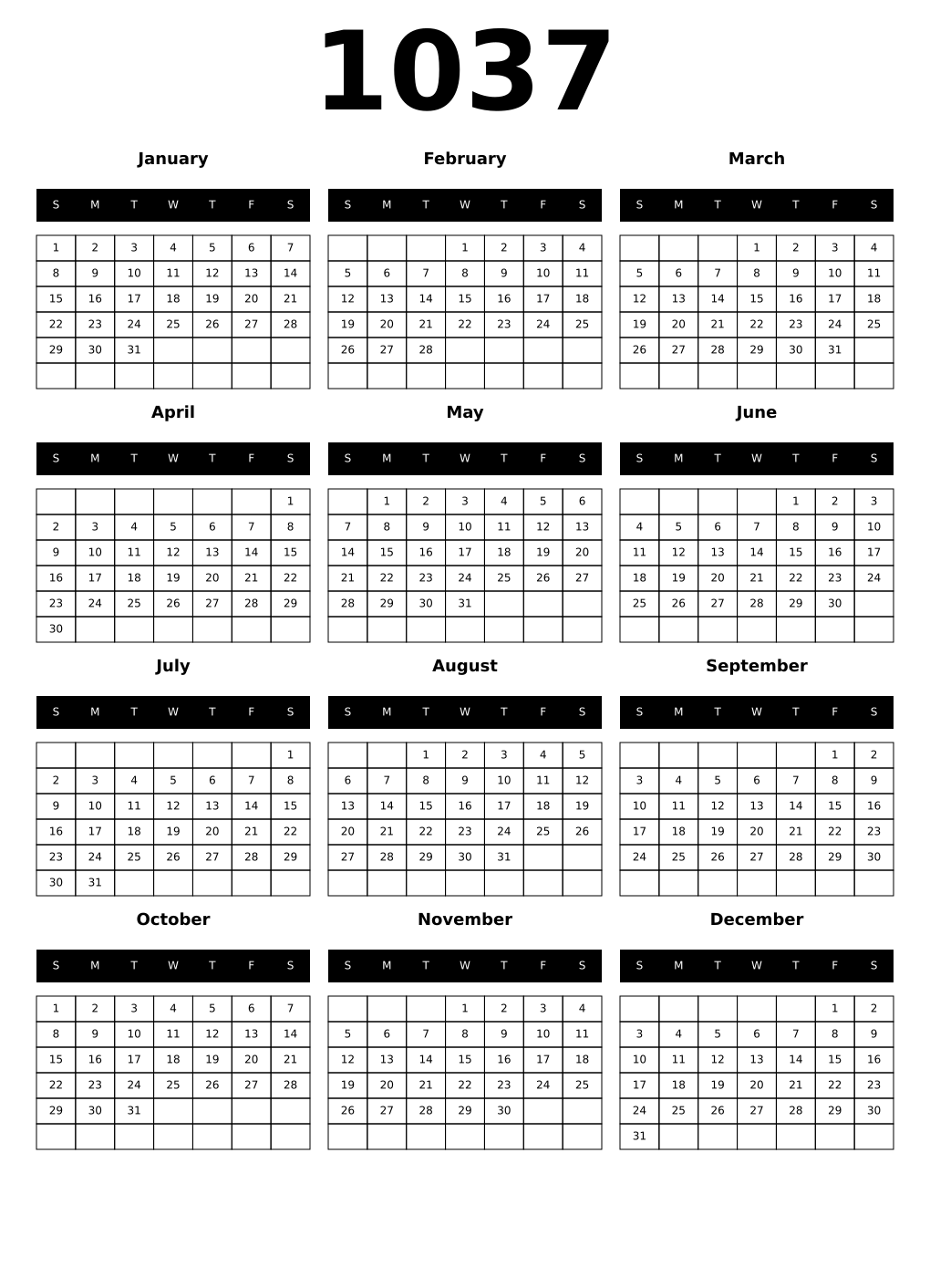Printable 1037 Year Calendars black
