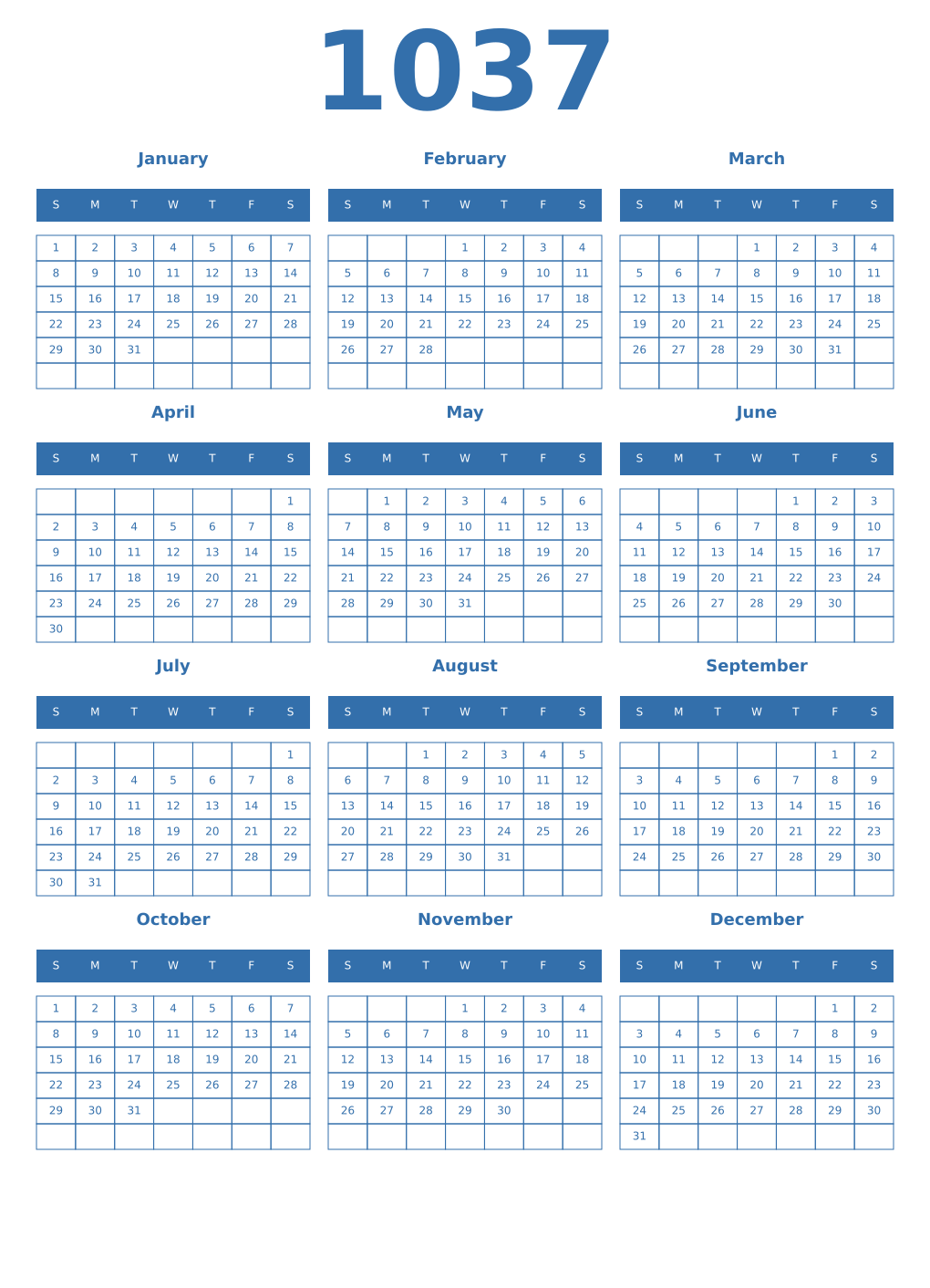Printable 1037 Year Calendars blue