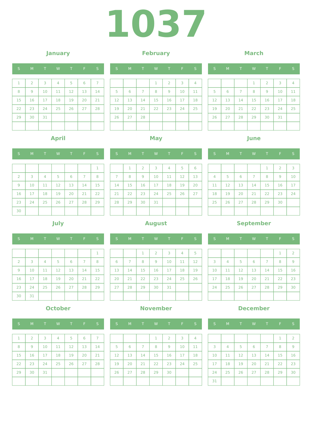 Printable 1037 Year Calendars celadon
