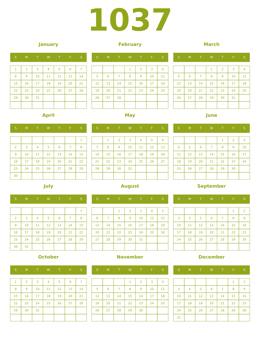 Printable 1037 Year Calendars chartreuse