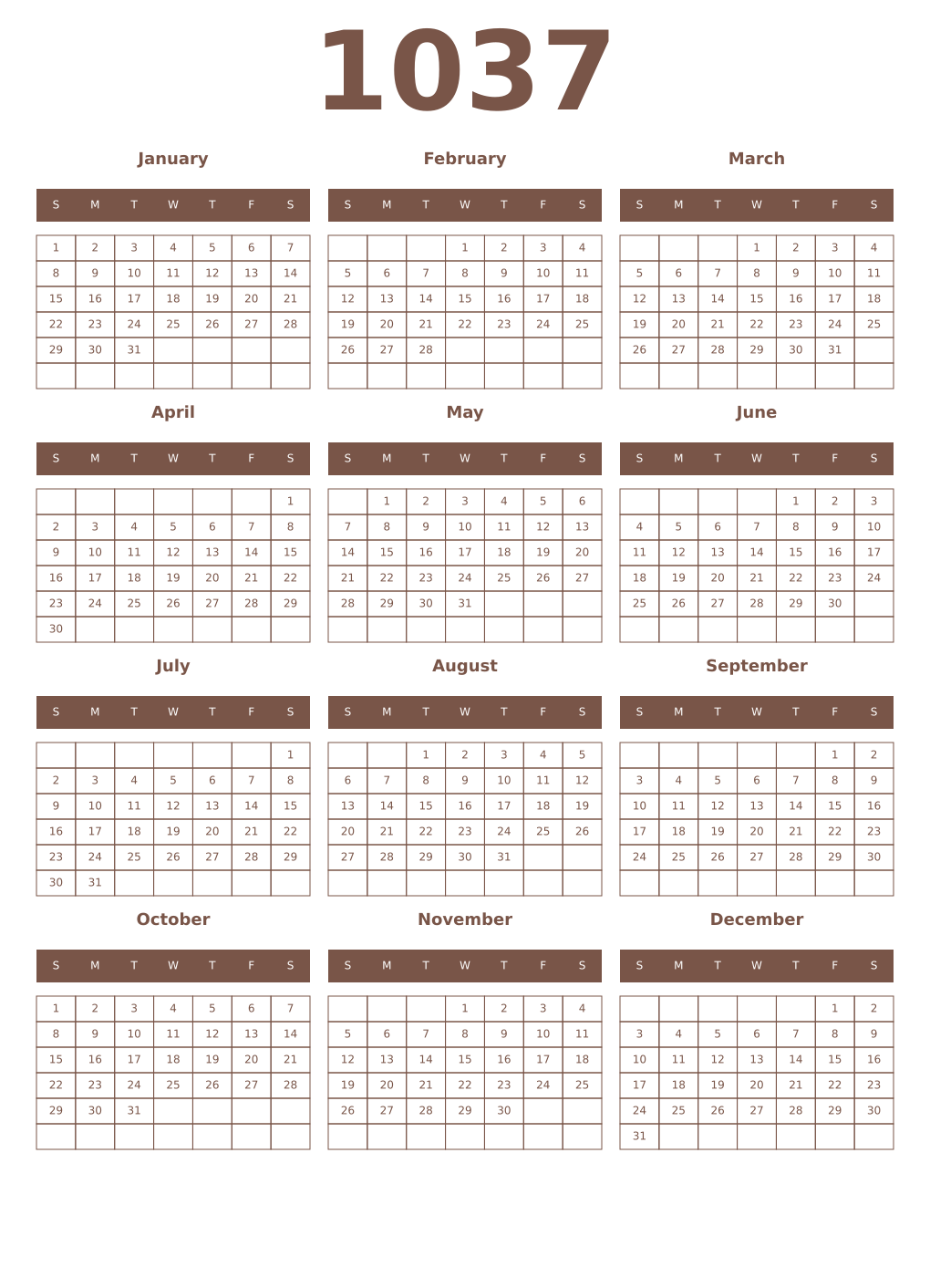 Printable 1037 Year Calendars coffe