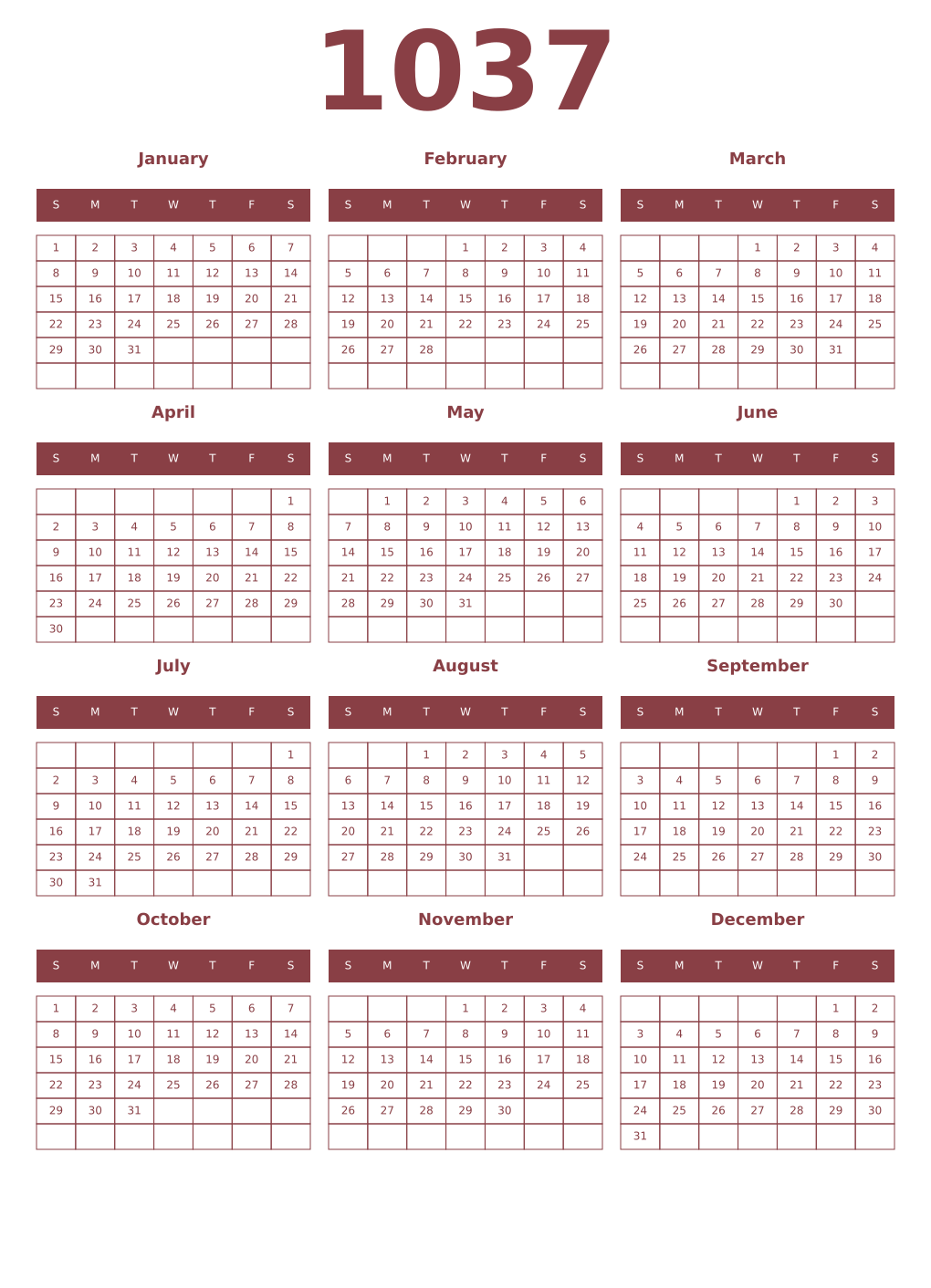 Printable 1037 Year Calendars cordovan